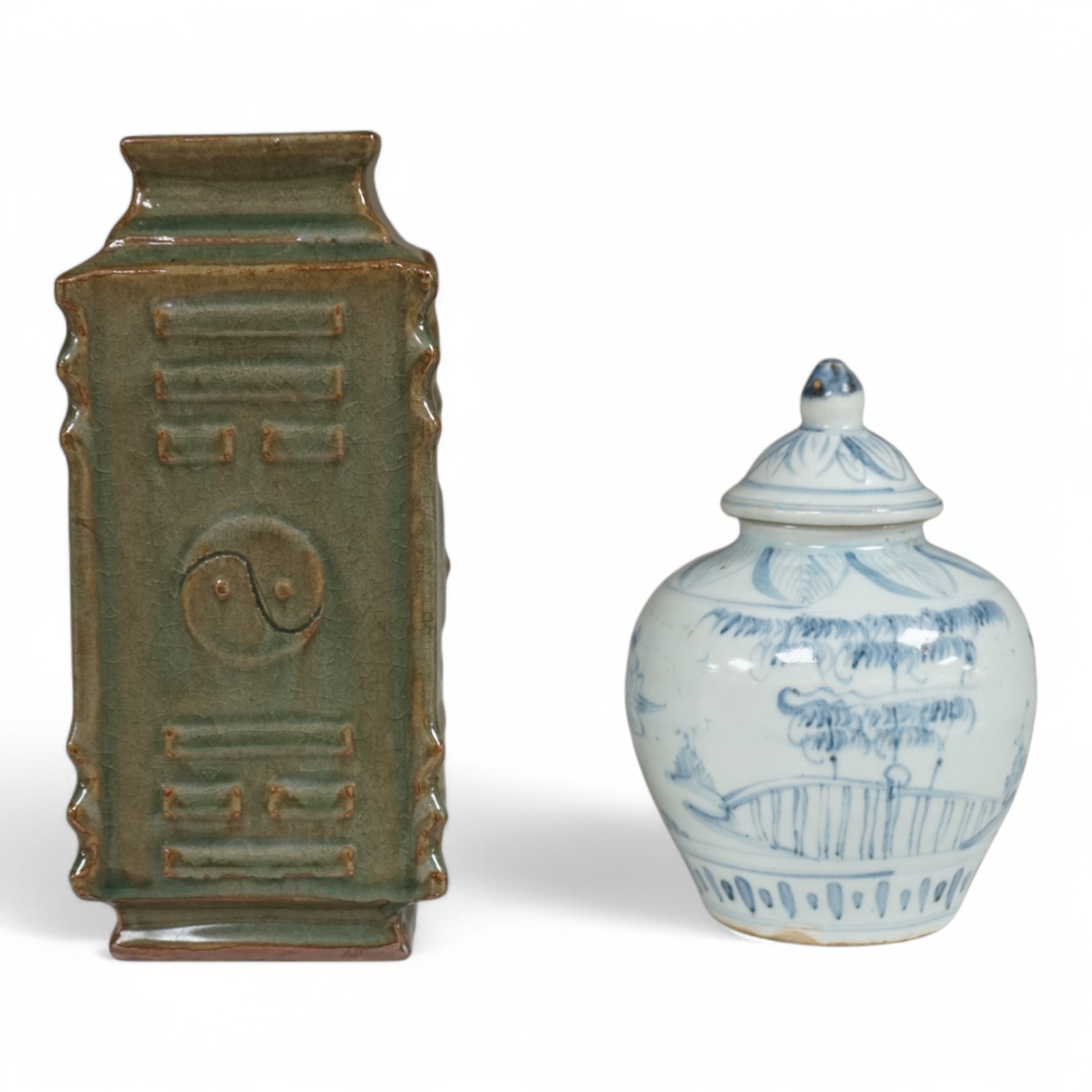 A Chinese celadon glazed cong vase and a blue and white jar and cover, tallest 22cm. Condition - good